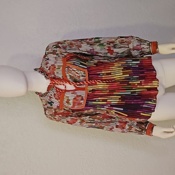 CONDITIONS APPLY Atomic Rainbow Candy Striped Ruffle Split Neck Bow Tie Top - Picture 3 of 10